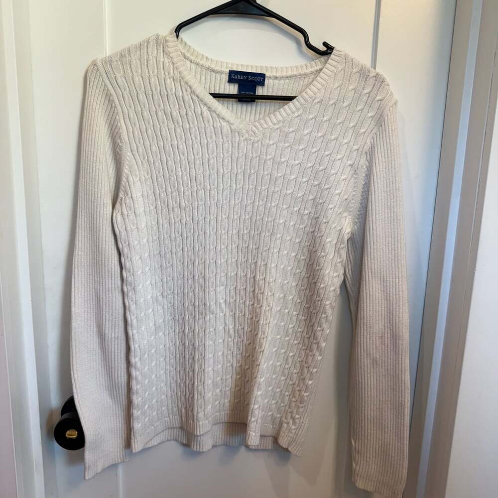 Karen Scott Women's Off-White Cable Knit V-Neck Sweater Size M